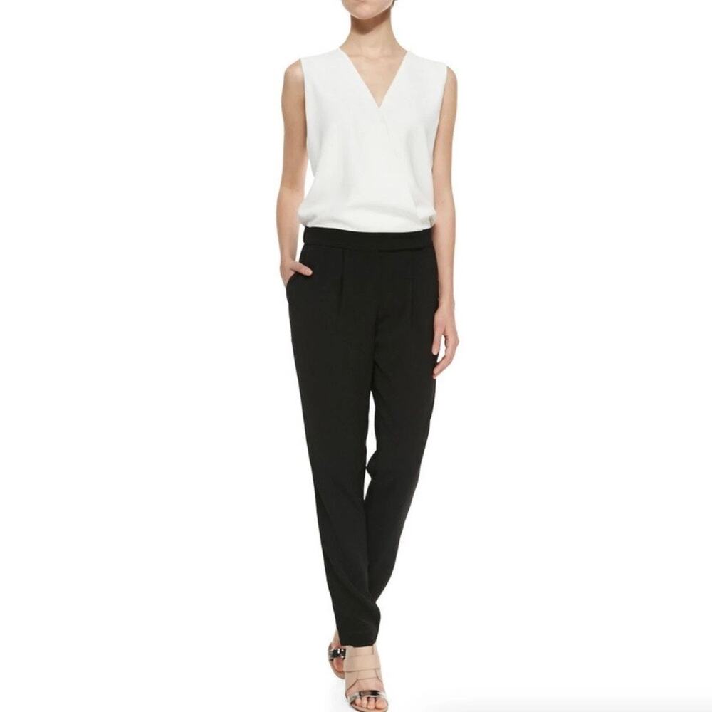 Vince Sleeveless‎ Jumpsuit Size 12 White V Neck Surplice Top Black Ankle Pants